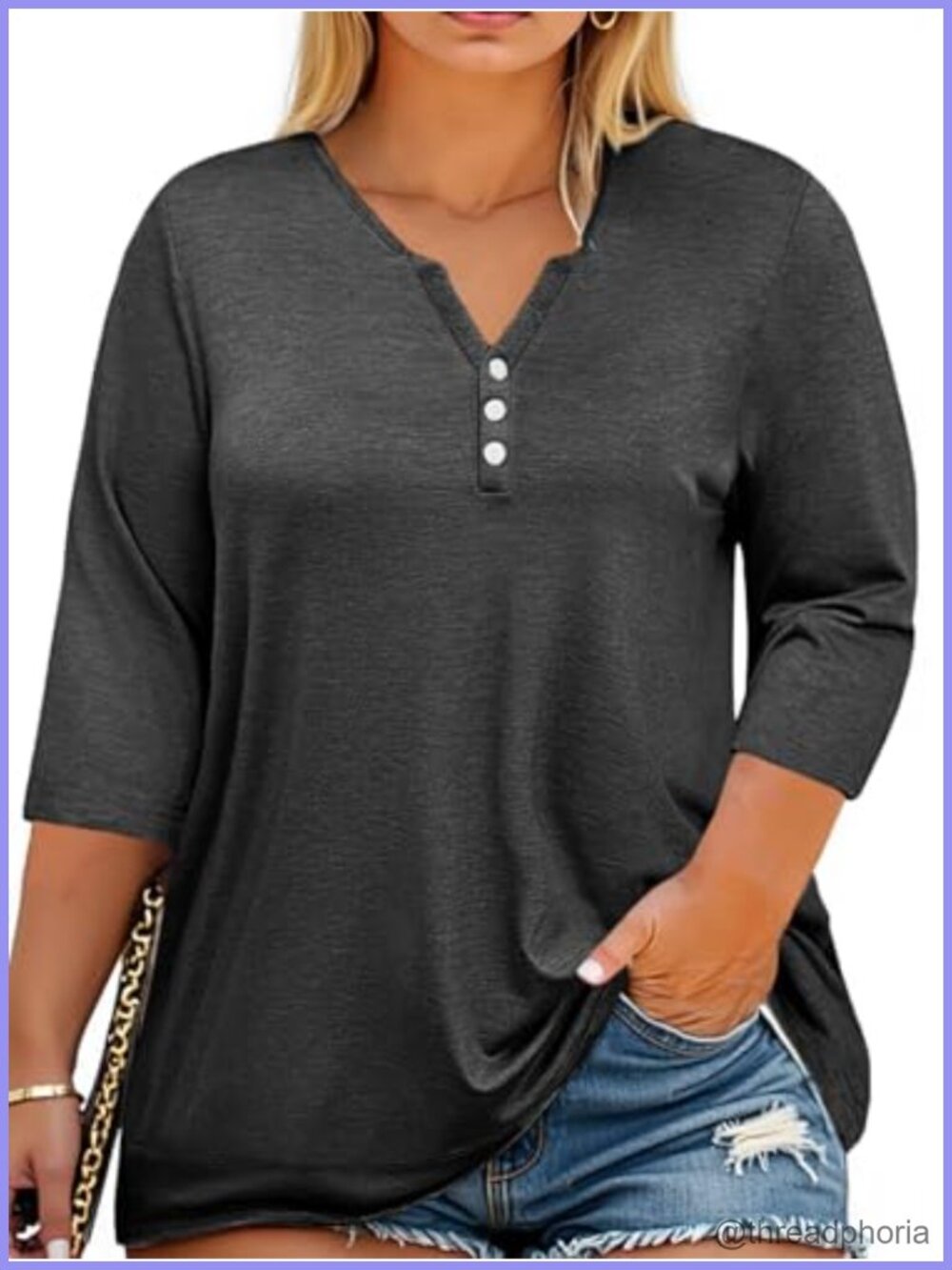 Womens Plus Size Henley Tunic Top 3/4 Sleeve V Neck Button Down Loose Fit